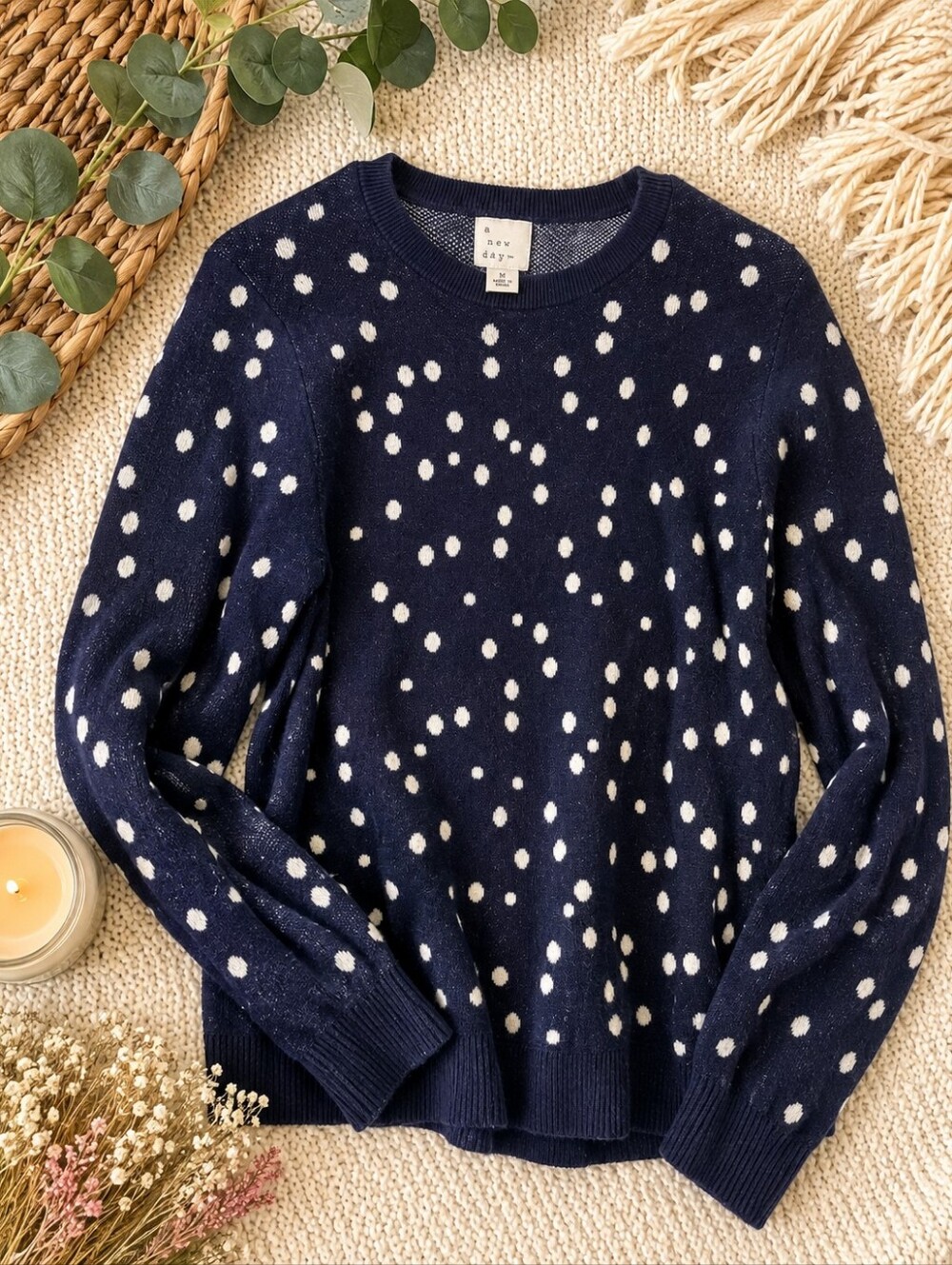 A New Day Navy White Polka Dot Lightweight Sweater Medium Cotton Blend